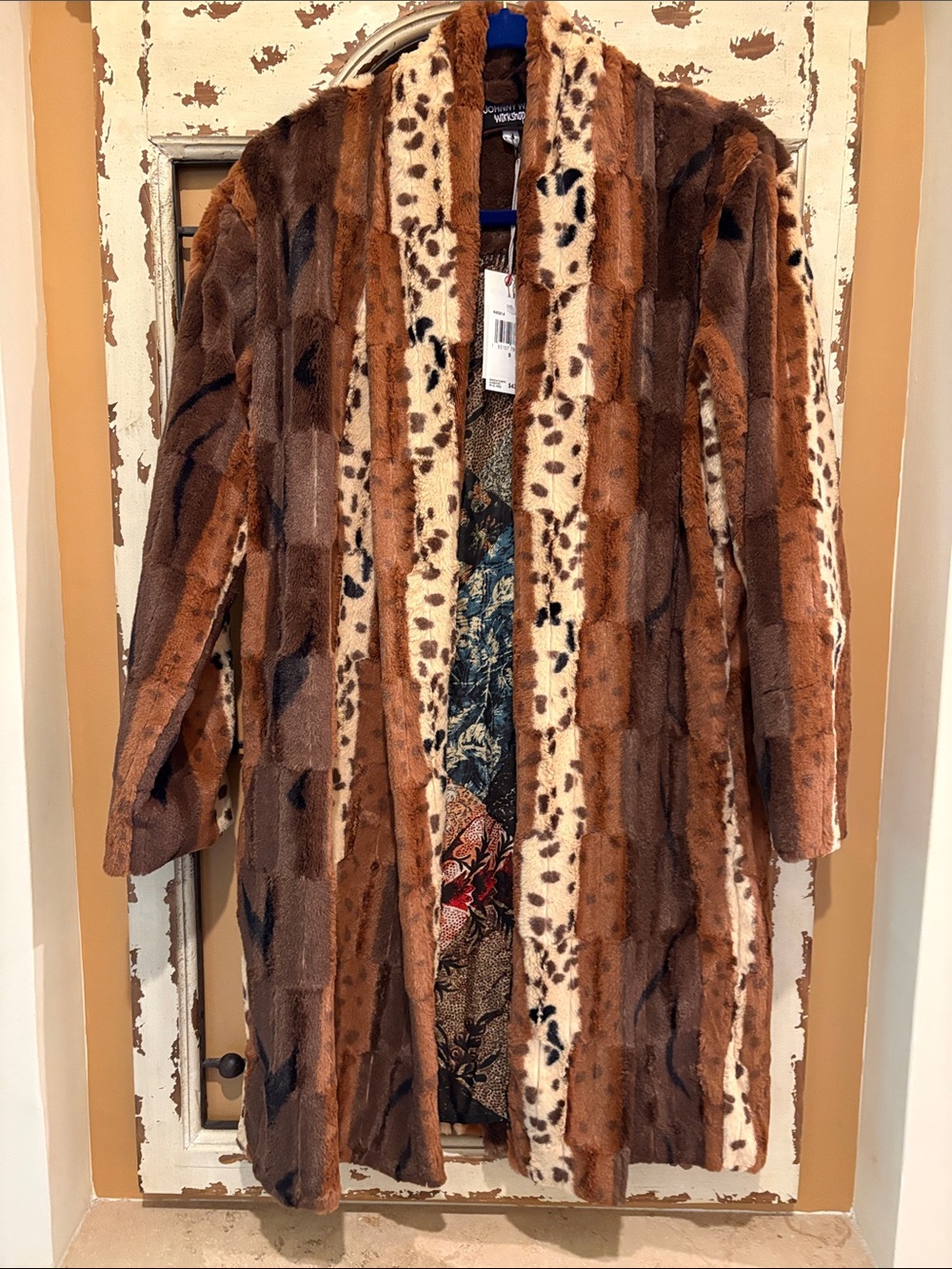 Johnny Was NWT Brown Patchwork Faux Fur Coat with Tan Accents size small